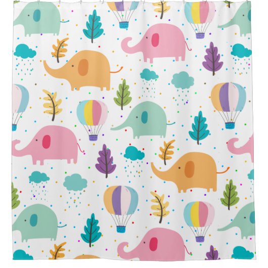 かわいいゾウの風船と離れ模様 シャワーカーテン (正面)