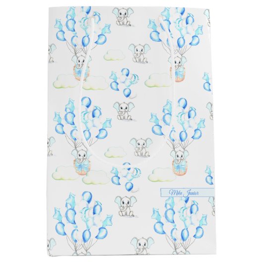 かわいいゾウの風船と雲の男の赤ちゃん ミディアムペーパーバッグ (正面)