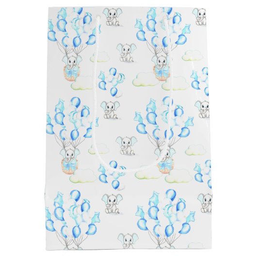 かわいいゾウの風船と雲の男の赤ちゃん ミディアムペーパーバッグ (裏面)