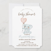 かわいいゾウの風船 ピンクのストライプ ベビーシャワー 招待状 (正面)