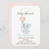 かわいいゾウの風船 ピンクのストライプ ベビーシャワー 招待状 (正面/裏面)