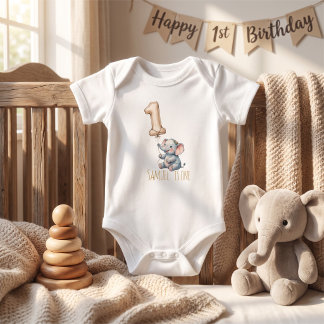 かわいいゾウの風船 1歳の誕生日 ベビーボディスーツ