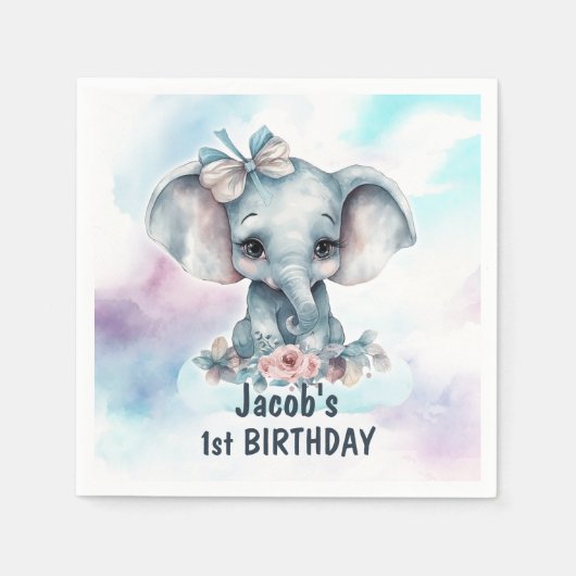かわいいゾウの1歳の誕生日パーティー スタンダードカクテルナプキン (正面)