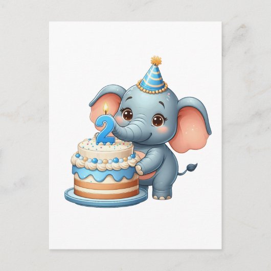 かわいいゾウの2歳の誕生日 インビテーションポストカード (正面)