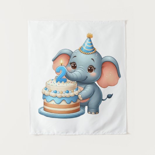 かわいいゾウの2歳の誕生日 タペストリー (正面)