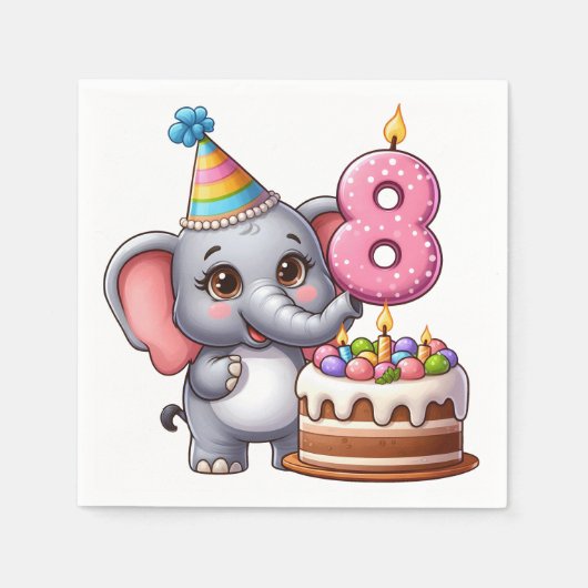 かわいいゾウの8歳の誕生日 スタンダードカクテルナプキン (正面)
