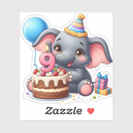 かわいいゾウの9歳の誕生日 シール (シート)