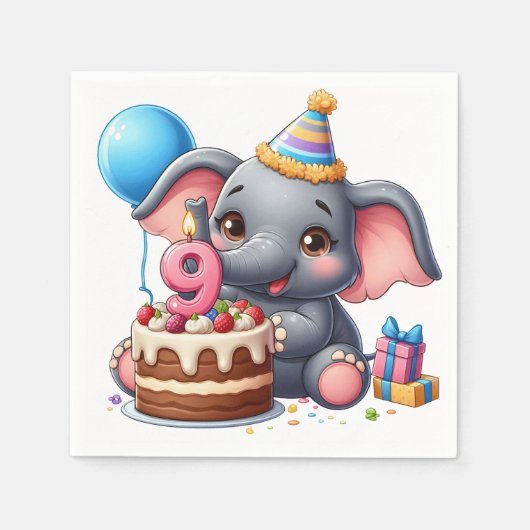 かわいいゾウの9歳の誕生日 スタンダードカクテルナプキン (正面)