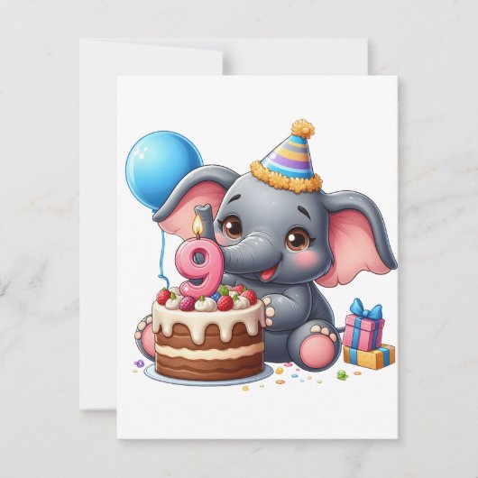 かわいいゾウの9歳の誕生日 ノートカード (正面)
