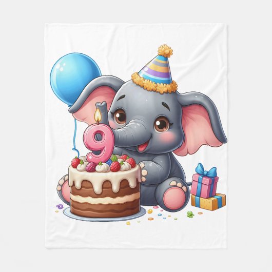 かわいいゾウの9歳の誕生日 フリースブランケット (正面)