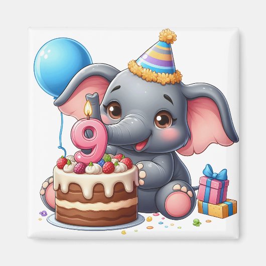 かわいいゾウの9歳の誕生日 マグネット (正面)