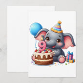 かわいいゾウの9歳の誕生日 招待状 (正面/裏面)