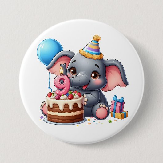 かわいいゾウの9歳の誕生日 缶バッジ (正面)
