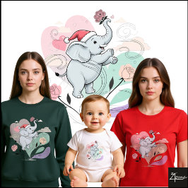 かわいいゾウサンタ帽子バラパステル Tシャツ