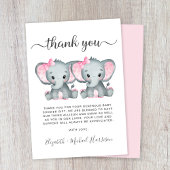 かわいいゾウ双子の女の子の赤ちゃんシャワー サンキューカード