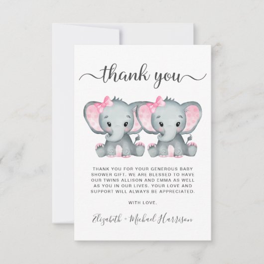 かわいいゾウ双子の女の子の赤ちゃんシャワー サンキューカード (正面)