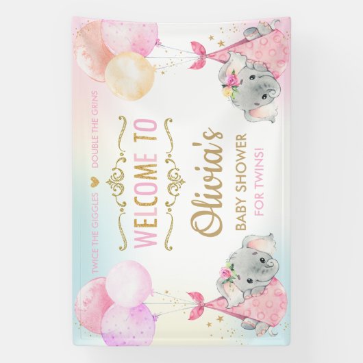 かわいいゾウ双子の女の子ベビーシャワー背景 横断幕 (縦)