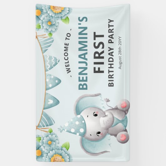 かわいいゾウ少年1st誕生日パーティーバナー 横断幕 (縦)