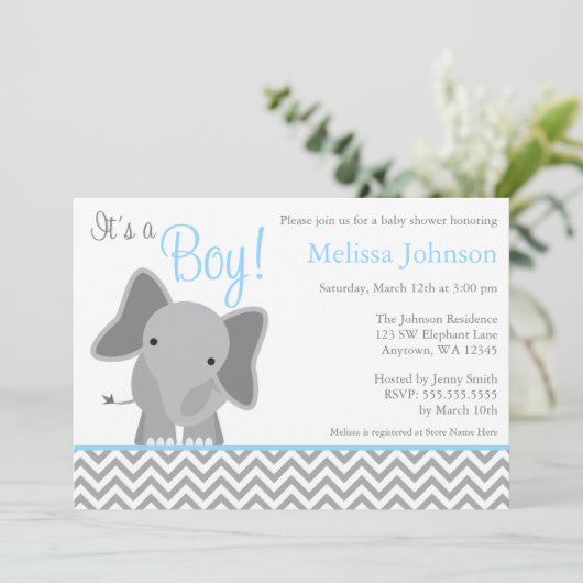 かわいいゾウ山形ライトブルー赤ちゃんシャワー 招待状 (スタンド正面)