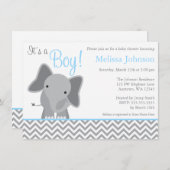 かわいいゾウ山形ライトブルー赤ちゃんシャワー 招待状 (正面/裏面)