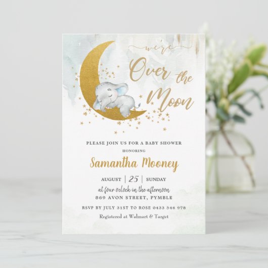かわいいゾウ我々は月の男の子の赤ちゃんシャワー上にある 招待状 (スタンド正面)