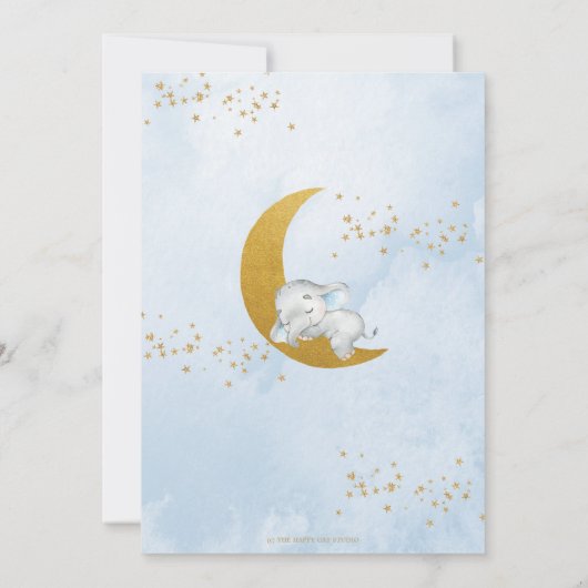 かわいいゾウ我々は月の男の子の赤ちゃんシャワー上にある 招待状 (裏面)