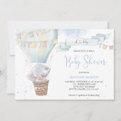 かわいいゾウ男の子ブルー熱い空気バルーンベビーシャワー 招待状 (正面)