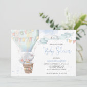 かわいいゾウ男の子ブルー熱い空気バルーンベビーシャワー 招待状 (スタンド正面)