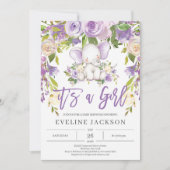 かわいいゾウ紫のフローラ素朴な赤ちゃんシャワー 招待状 (正面)