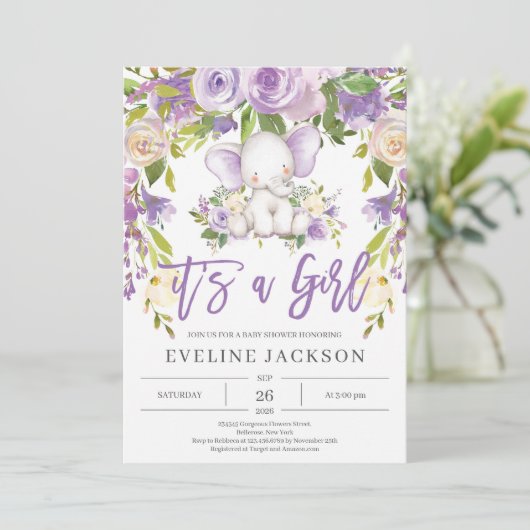 かわいいゾウ紫のフローラ素朴な赤ちゃんシャワー 招待状 (スタンド正面)
