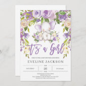 かわいいゾウ紫のフローラ素朴な赤ちゃんシャワー 招待状 (正面/裏面)