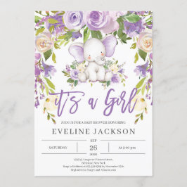 かわいいゾウ紫のフローラ素朴な赤ちゃんシャワー 招待状