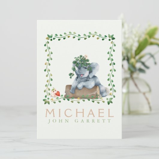 かわいいゾウ緑の男の赤ちゃん写真誕生 案内状 (スタンド正面)