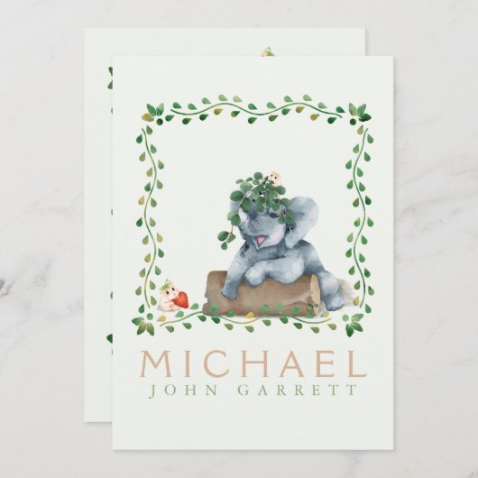 かわいいゾウ緑の男の赤ちゃん写真誕生 案内状 (正面/裏面)