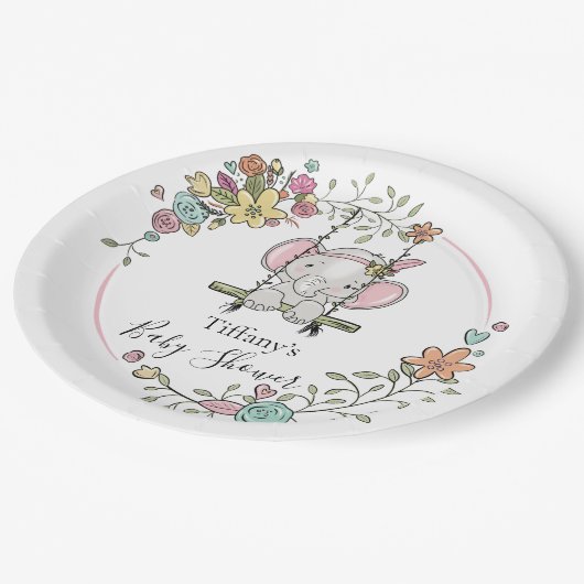 かわいいゾウ赤ちゃんシャワーパーティーデコールとフローラ ペーパープレート (アングル)