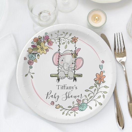 かわいいゾウ赤ちゃんシャワーパーティーデコールとフローラ ペーパープレート