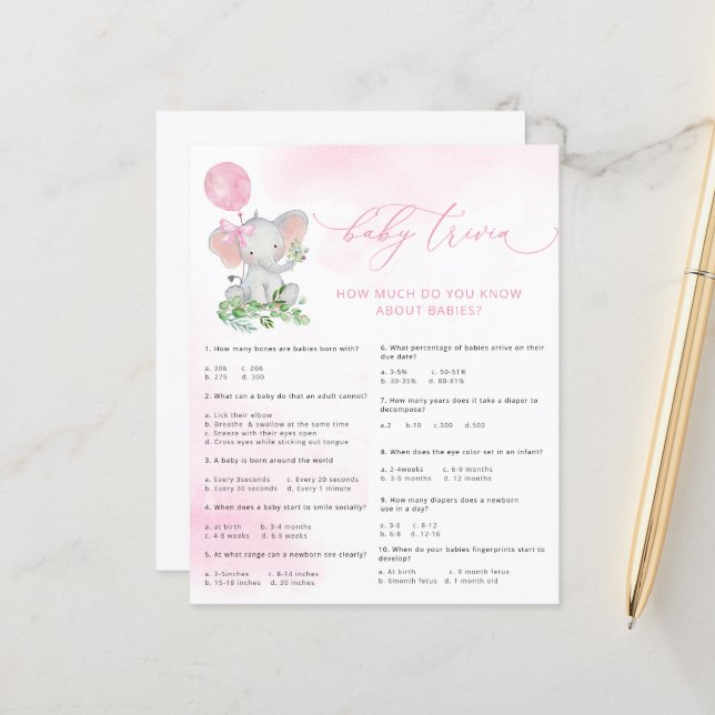 かわいいゾウ赤ちゃんシャワーベビートリビアゲーム (正面/裏面インサイチュ)