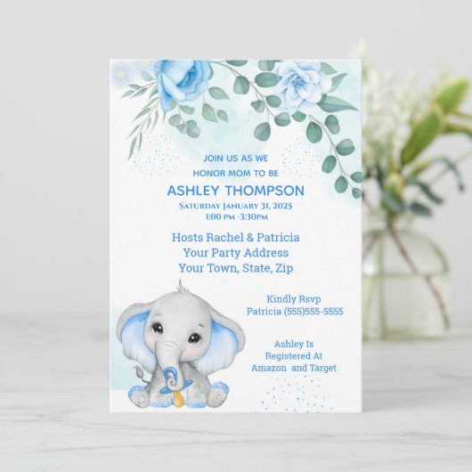 かわいいゾウ赤ちゃんシャワーボーイブルーフローラ 招待状 (スタンド正面)