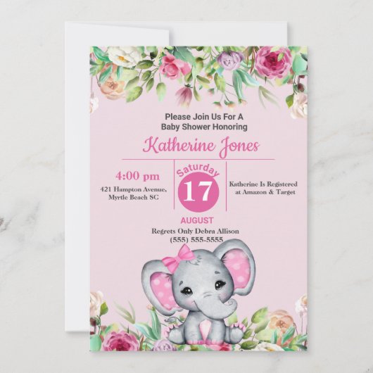 かわいいゾウ赤ちゃんシャワー招待状 招待状 (正面)
