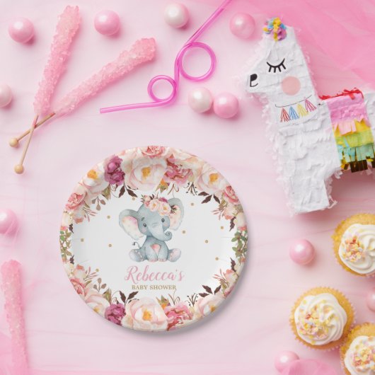 かわいいゾウ赤ちゃんシャワー赤面フローラデザート7" ペーパープレート (パーティー)