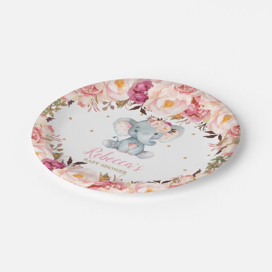 かわいいゾウ赤ちゃんシャワー赤面フローラデザート7" ペーパープレート (アングル)