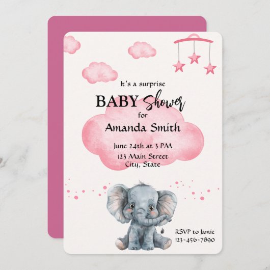 かわいいゾウ驚きの赤ちゃんシャワーピンク招待状 招待状 (正面/裏面)