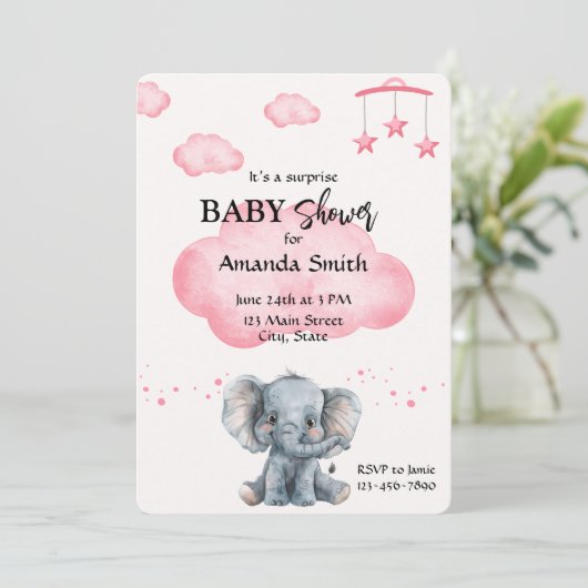 かわいいゾウ驚きの赤ちゃんシャワーピンク招待状 招待状 (スタンド正面)