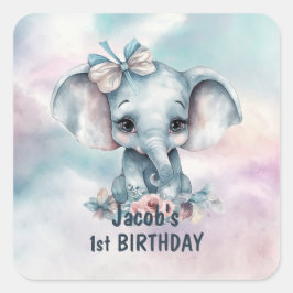かわいいゾウ1歳の誕生日パーティー スクエアシール