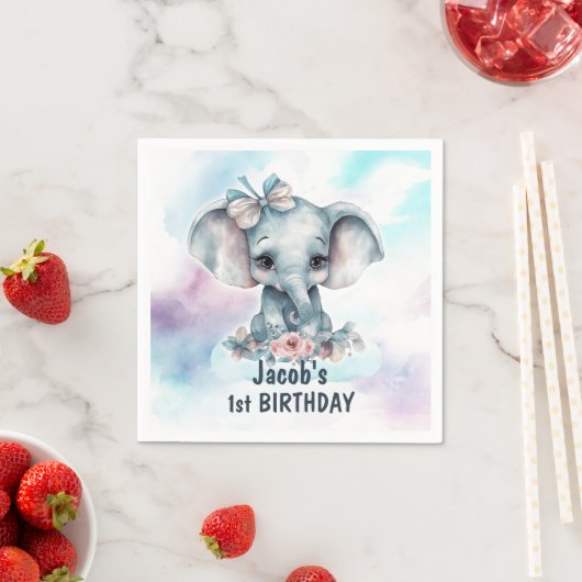 かわいいゾウ1歳の誕生日パーティー スタンダードカクテルナプキン (インサイチュ)