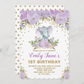 かわいいゾウ1歳の誕生日パープル金ゴールド花 招待状 (正面/裏面)