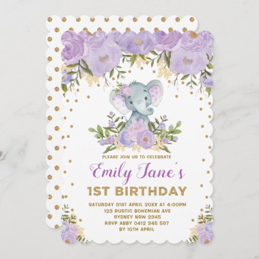 かわいいゾウ1歳の誕生日パープル金ゴールド花 招待状 (正面/裏面)