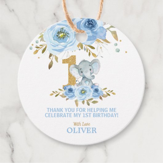 かわいいゾウ1stバースデーブルーフローラありがとう フェイバータグ (正面)