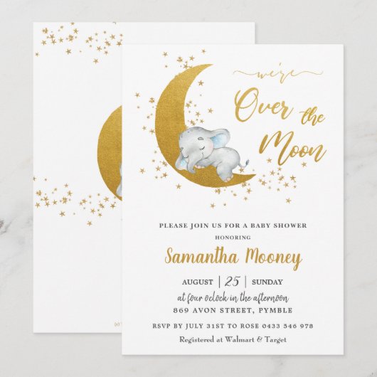かわいいゾウ お月様を超えて感激 赤ちゃん男の子のシャワーパーティー 招待状 (正面/裏面)
