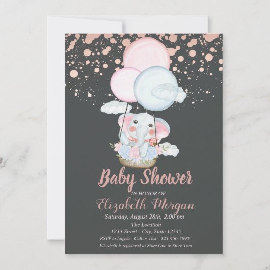かわいいゾウ、エアバルーン、バラ金ゴールドベビーシャワー 招待状 (正面)